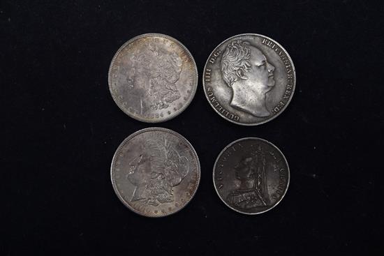 A William IV silver crown, 1836, GVF two Morgan dollars 1884 and 1900 and a Victoria silver double florin 1887 (4)